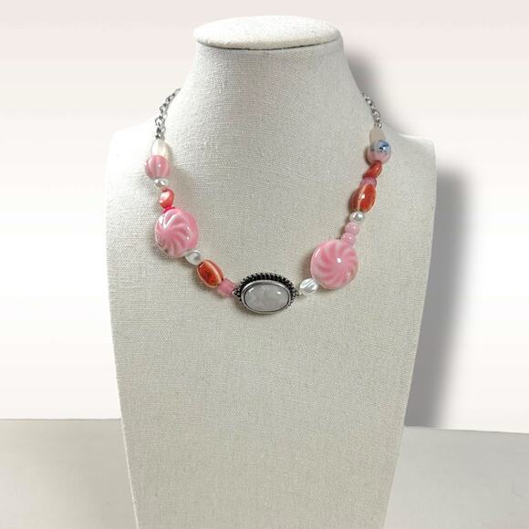 Free People Bohemian Chunky Agnes Choker Silver Pink Beach Boho NWT HTF Layering - Picture 10 of 14